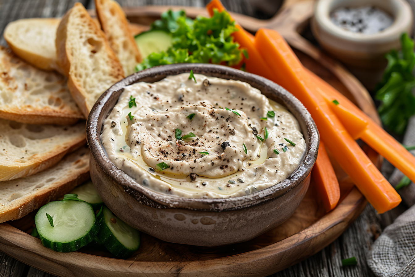 Cremiger Schmand-Knoblauch-Dip mit schwarzem fermentiertem Knoblauch ...