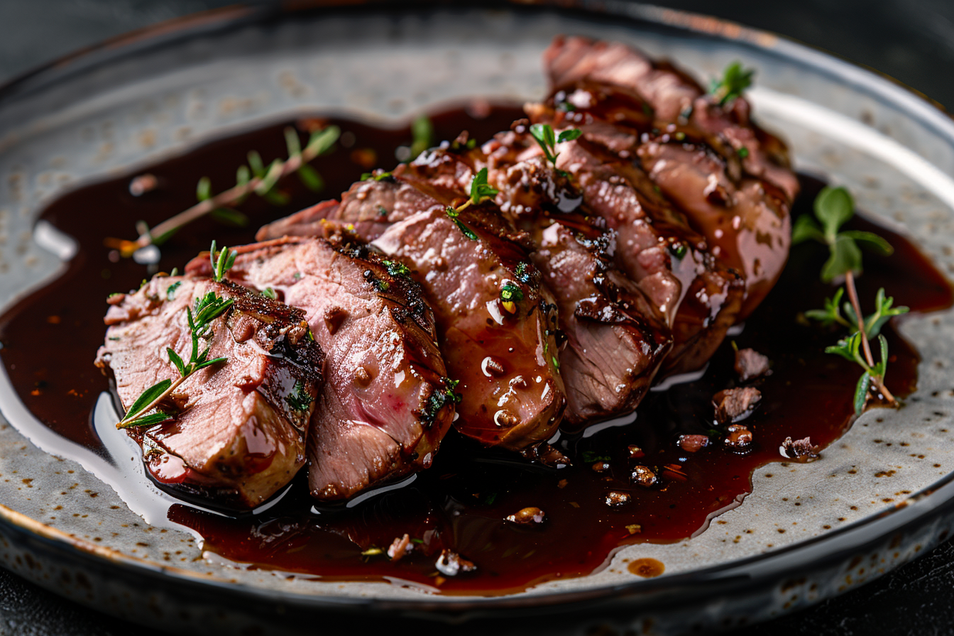 Rezeptbild_Produktseite_Lammfilet mit Stangenpfeffer-Rotwein-Jus – würzig & elegant