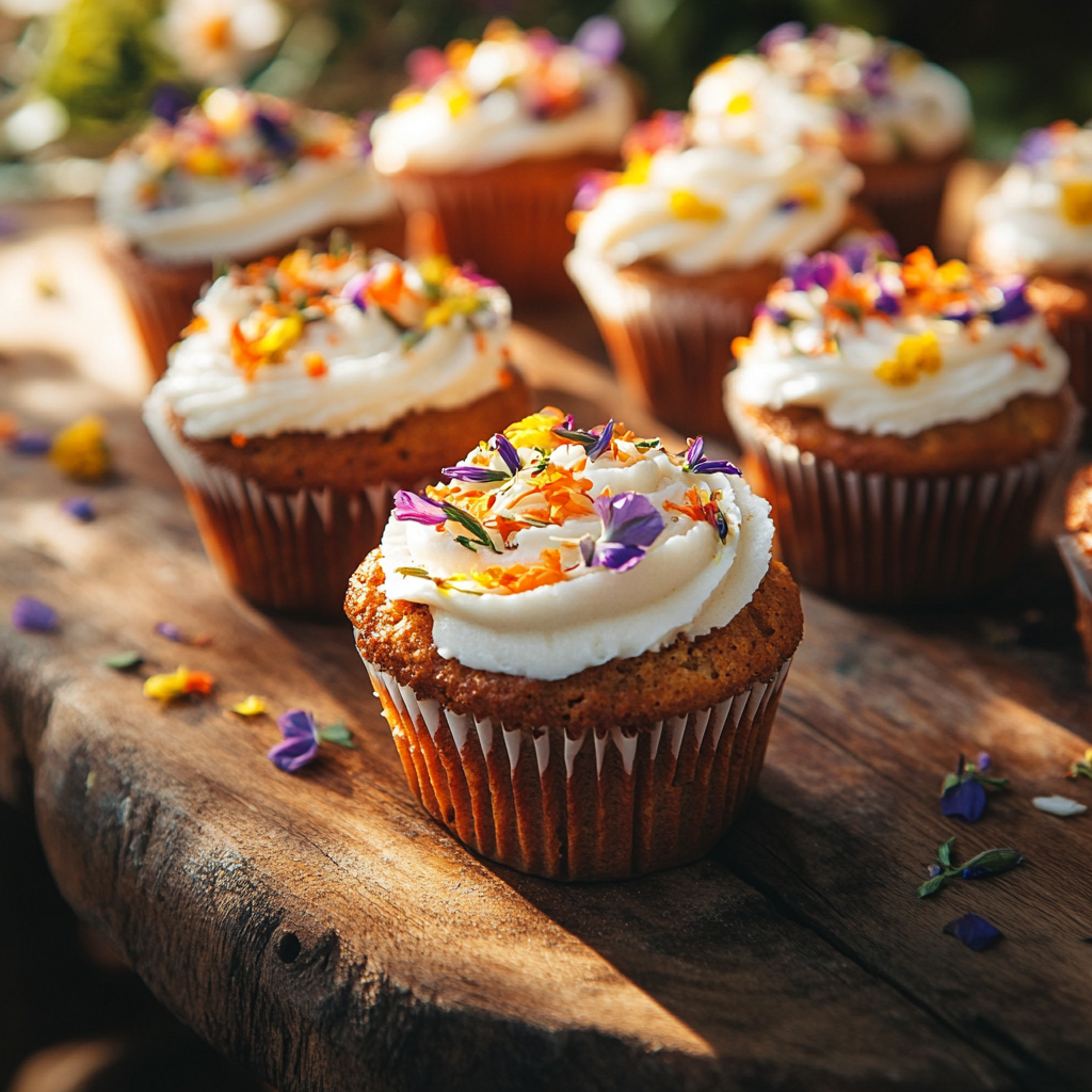Frisch gebackene Möhrenkuchen-Muffins mit Vanillezucker auf einem Ostertisch, dekoriert mit essbaren Blüten