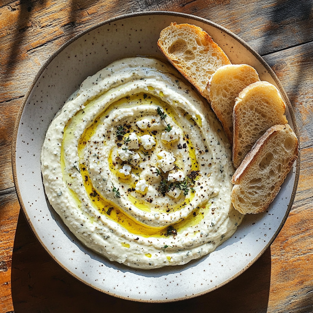 remiger Bärlauch-Dip mit Feta und Zitronenöl, angerichtet auf weißem Teller mit Baguette