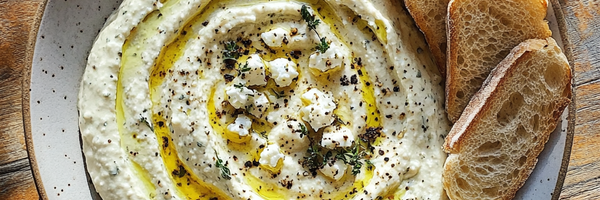 remiger Bärlauch-Dip mit Feta und Zitronenöl, angerichtet auf weißem Teller mit Baguette