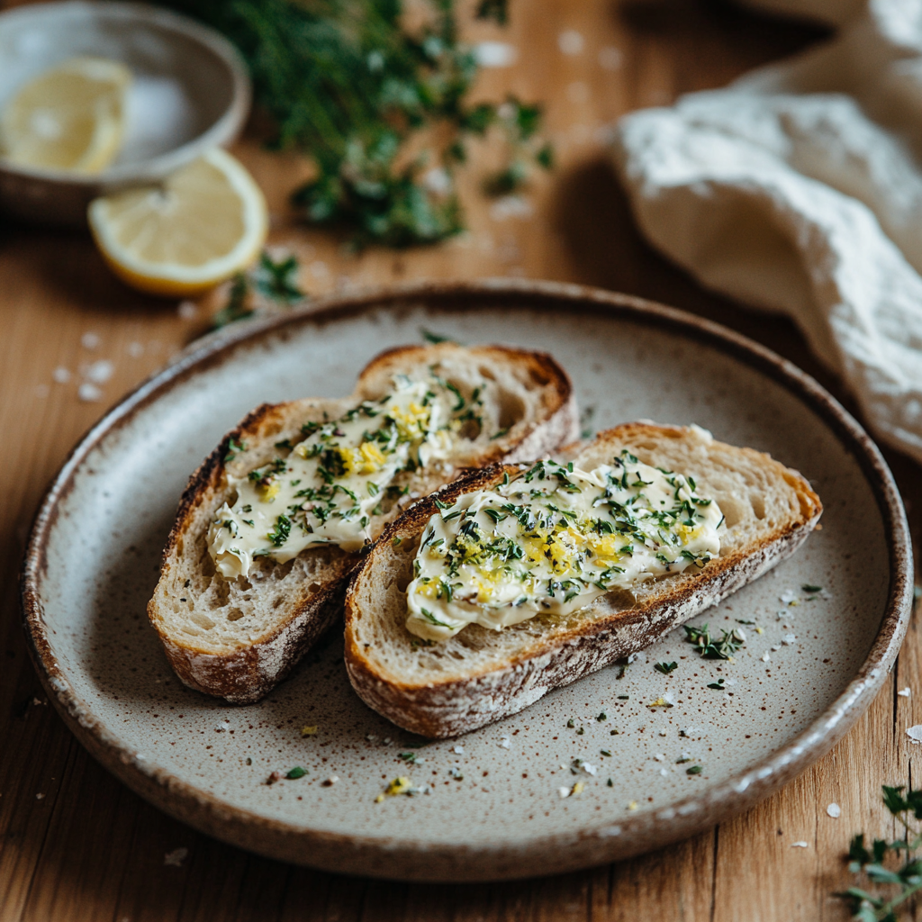 Geröstetes Sauerteigbrot mit Bärlauchbutter, bestreut mit getrockneten Kräutern und Zitronenzesten auf Keramikteller – serviert auf rustikalem Holztisch.