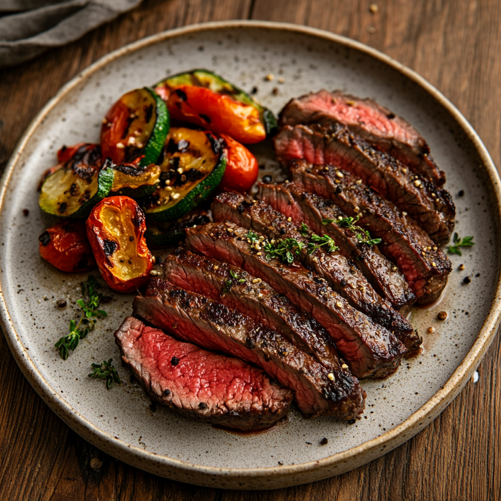 Flat Iron Steak mit Zitrus-Ingwer-Marinade und rauchiger Note auf dunklem Teller, angerichtet mit Grillgemüse.