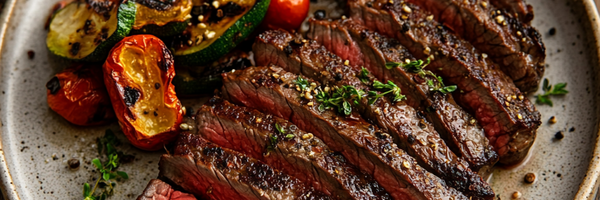 Flat Iron Steak mit Zitrus-Ingwer-Marinade und rauchiger Note auf dunklem Teller, angerichtet mit Grillgemüse.