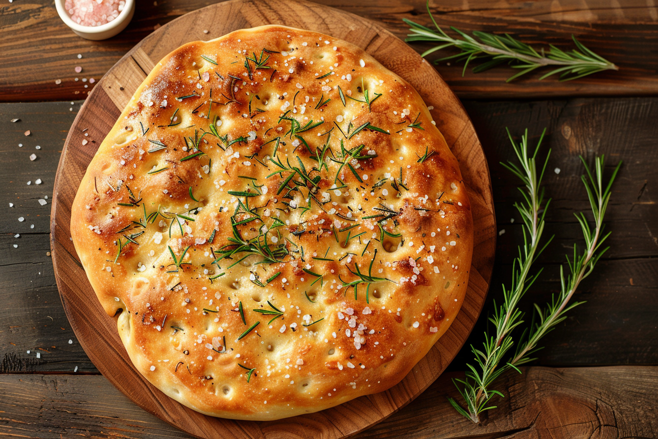 Focaccia mit Rosmarin und Rosé Salzflocken auf Holzplatte – frisch gebacken und goldbraun