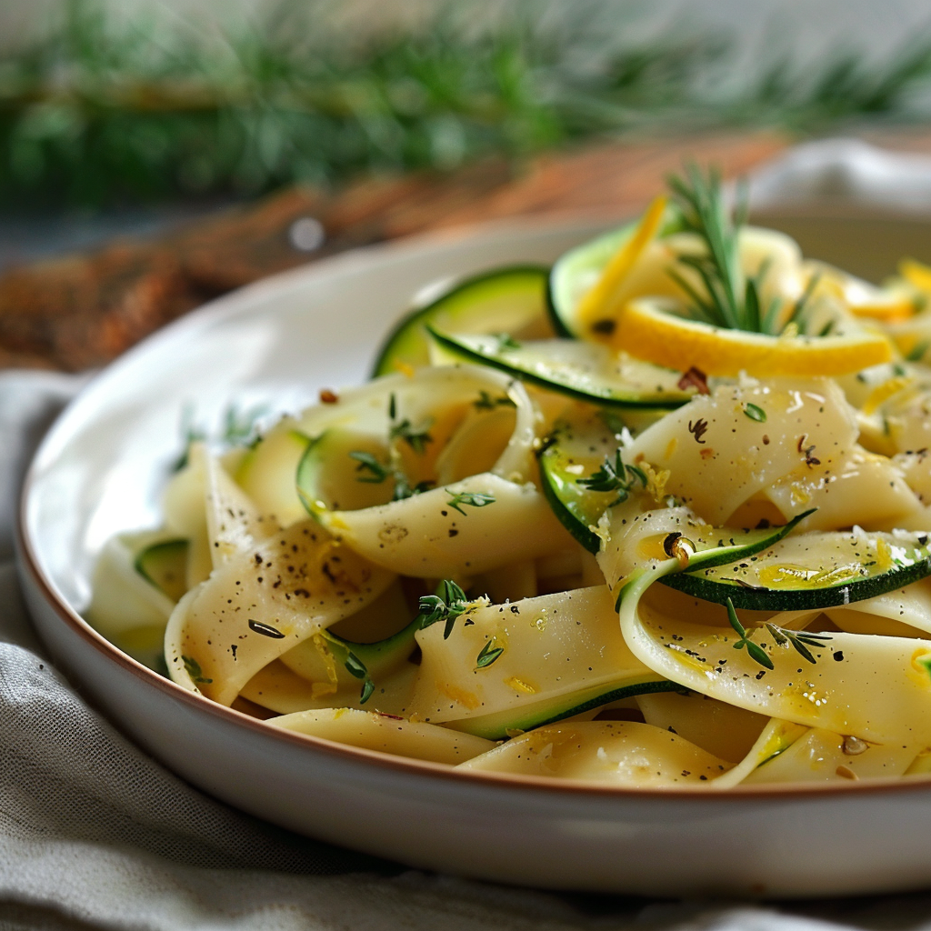 Frühlingshafte Pasta mit Zucchini, Zitronenabrieb und Tellicherry Pfeffer auf weißem Teller, garniert mit grünem Salz und Kräutern