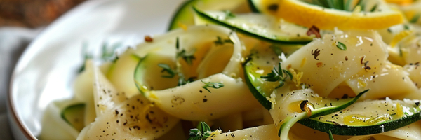 Frühlingshafte Pasta mit Zucchini, Zitronenabrieb und Tellicherry Pfeffer auf weißem Teller, garniert mit grünem Salz und Kräutern