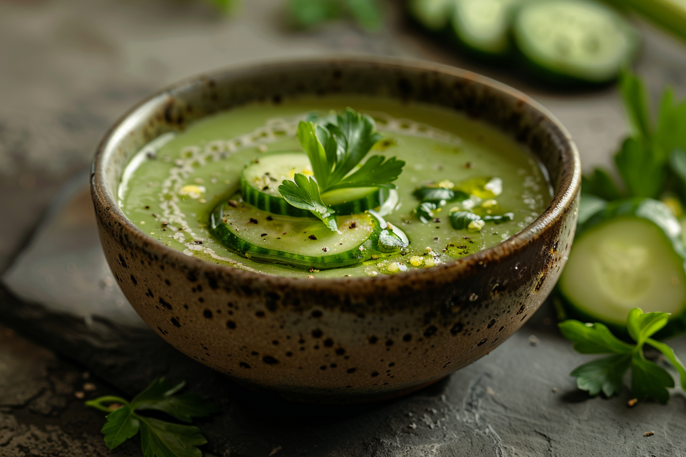 Grüne Gazpacho in Keramikschale mit Petersilie, Knoblauchöl und Zitronensalz – minimalistisch angerichtet auf Steintisch