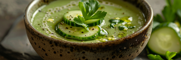 Grüne Gazpacho in Keramikschale mit Petersilie, Knoblauchöl und Zitronensalz – minimalistisch angerichtet auf Steintisch
