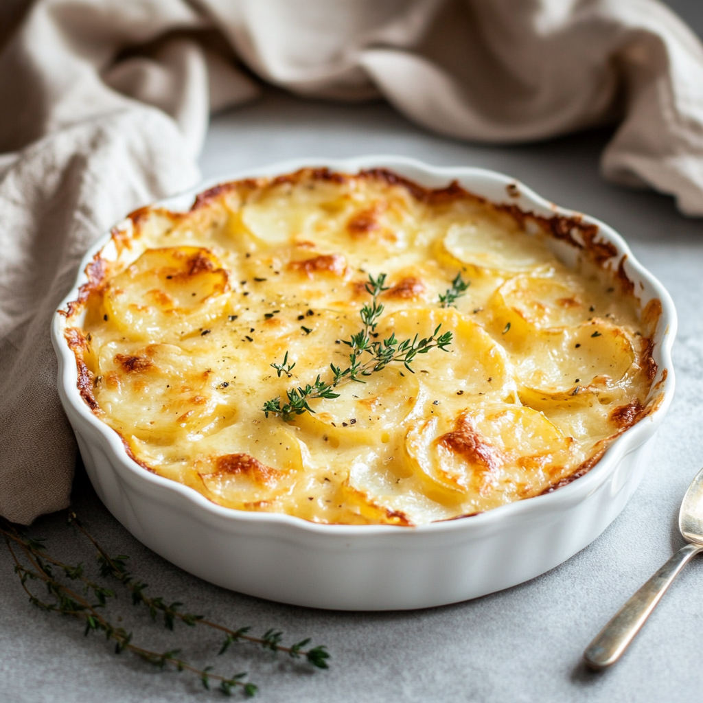 Kartoffelgratin mit Käse überbacken in Auflaufform – einfaches Ofengericht mit Kartoffeln, serviert in moderner Küche auf hellem Steintisch