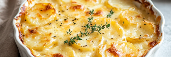 Kartoffelgratin mit Käse überbacken in Auflaufform – einfaches Ofengericht mit Kartoffeln, serviert in moderner Küche auf hellem Steintisch