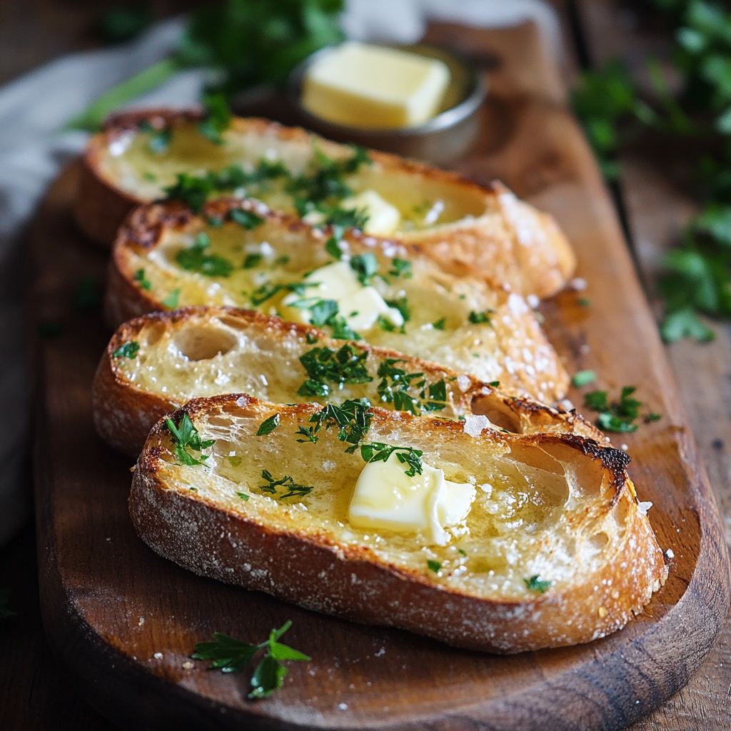 Geröstete Ciabattascheiben mit zerlaufener Knoblauchbutter und gehackter Petersilie auf einem rustikalen Holzbrett – angerichtet als sommerliche Vorspeise im Garten.