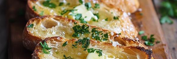 Geröstete Ciabattascheiben mit zerlaufener Knoblauchbutter und gehackter Petersilie auf einem rustikalen Holzbrett – angerichtet als sommerliche Vorspeise im Garten.