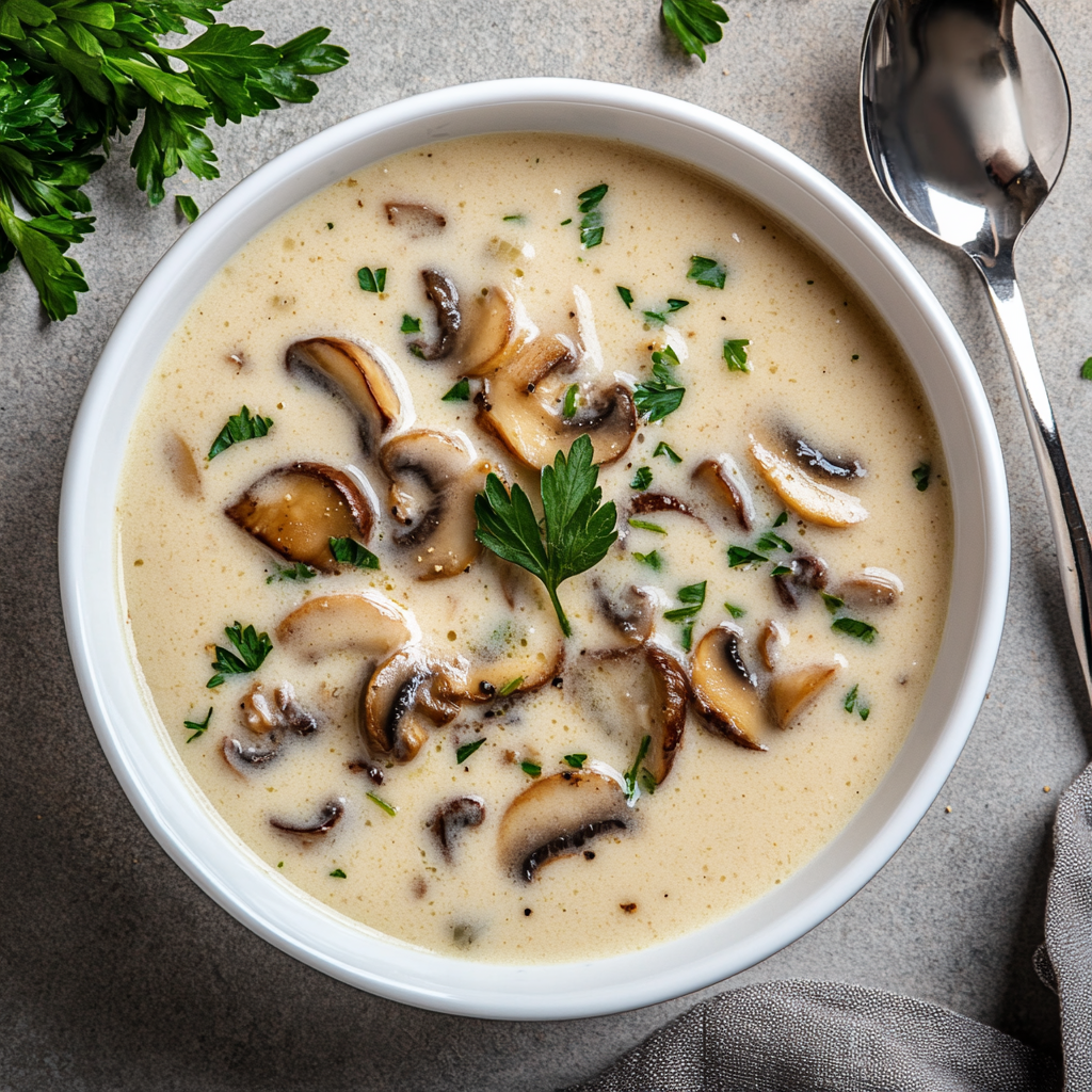 Cremige Knoblauchsuppe mit Pilzen in weißer Schale – servierfertig & elegant angerichtet