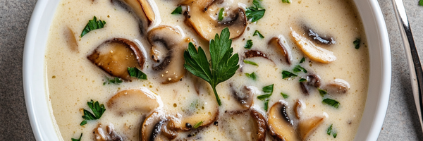 Cremige Knoblauchsuppe mit Pilzen in weißer Schale – servierfertig & elegant angerichtet