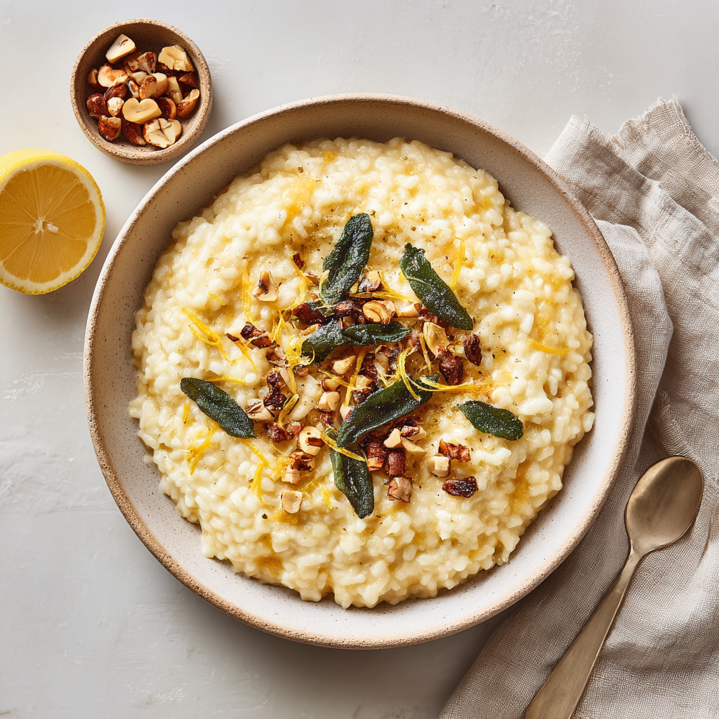 Kürbisrisotto mit Salbei, Zitrone & gerösteten Nüssen