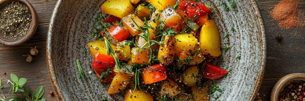 Gemüsegericht mit Gewürzen und frischen Kräutern ohne Knoblauch – natürliche Food-Szene im warmen Licht.