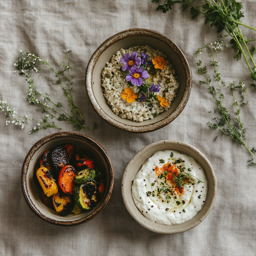 Drei kleine Sommergerichte nebeneinander – Couscous, Dip und Kartoffeln in Keramikschalen, natürlich serviert.