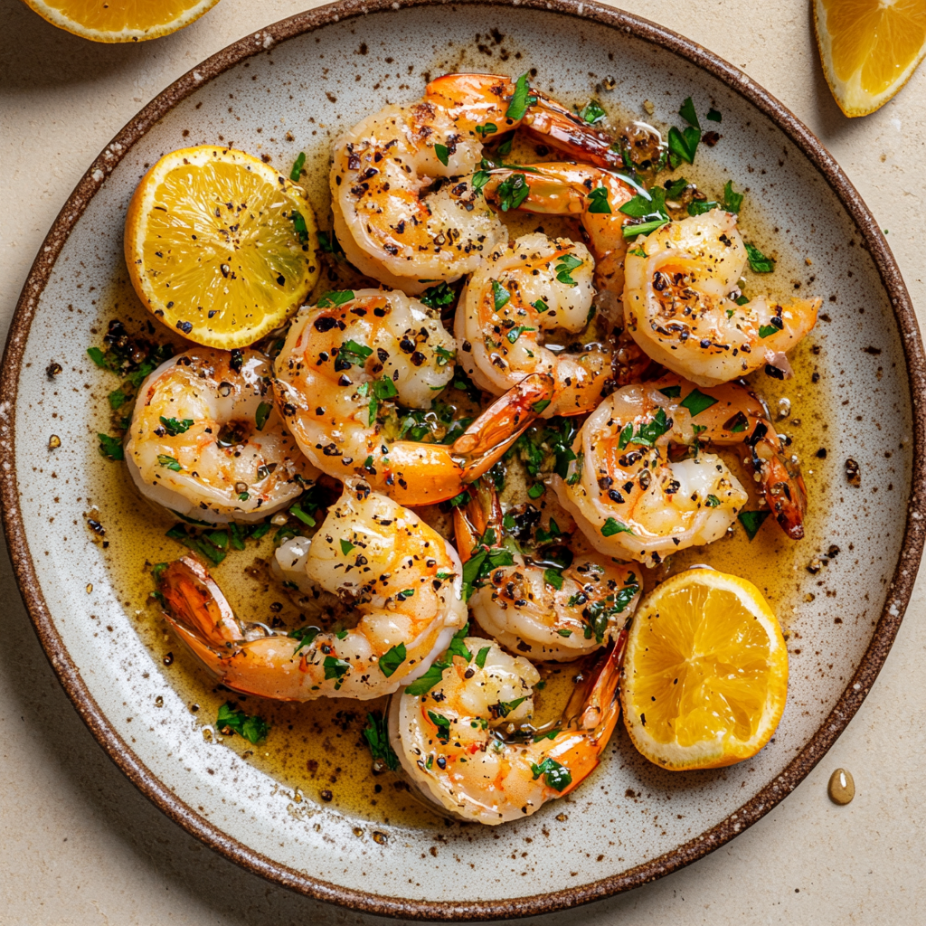 Mojo Garnelen mit Citrus-Knoblauch-Marinade und Cumeo Pfeffer auf Keramikteller