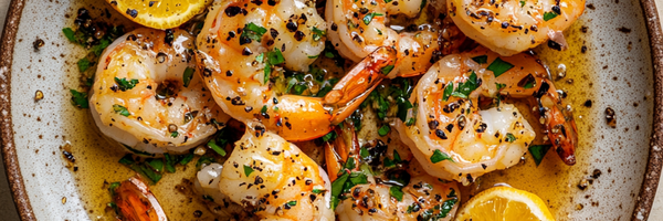 Mojo Garnelen mit Citrus-Knoblauch-Marinade und Cumeo Pfeffer auf Keramikteller