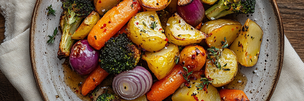 Ofenröstgemüse auf Keramikteller mit geräuchertem Knoblauch, rosé Salzflocken, Chiliöl und Kräutern