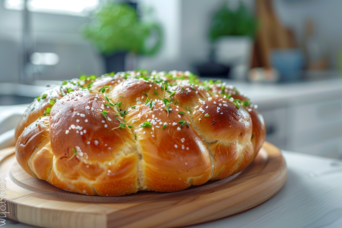 Rundes Osterbrot mit goldener Kruste, grünem Hawaii Salz und Thymian, serviert auf Holzbrett in moderner Designküche
