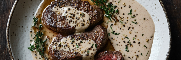 Zentrierter Teller mit Pfeffersauce und Rindfleisch auf dunklem Holztisch – angerichtet mit grobem Pfeffer und Kräutern