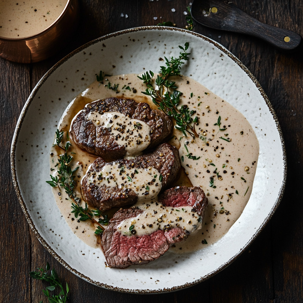 Zentrierter Teller mit Pfeffersauce und Rindfleisch auf dunklem Holztisch – angerichtet mit grobem Pfeffer und Kräutern