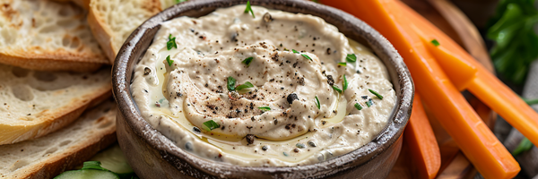 Cremiger Schmand-Dip mit fermentiertem Knoblauch, angerichtet mit Brot und Gemüsesticks