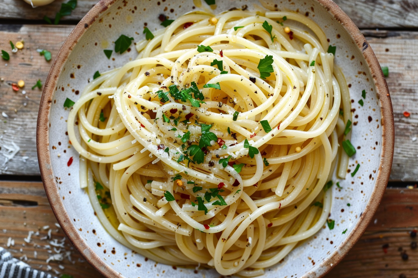 Spaghetti aglio e olio auf rundem Teller, mittig angerichtet mit Öl, Petersilie, Chili und Knoblauch