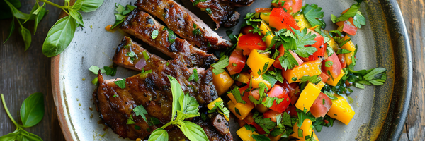Gegrilltes Rindersteak in Scheiben mit frischer Kräutermarinade, serviert mit bunter Paprika-Tomaten-Salsa auf einem Keramikteller, angerichtet auf rustikalem Holztisch.
