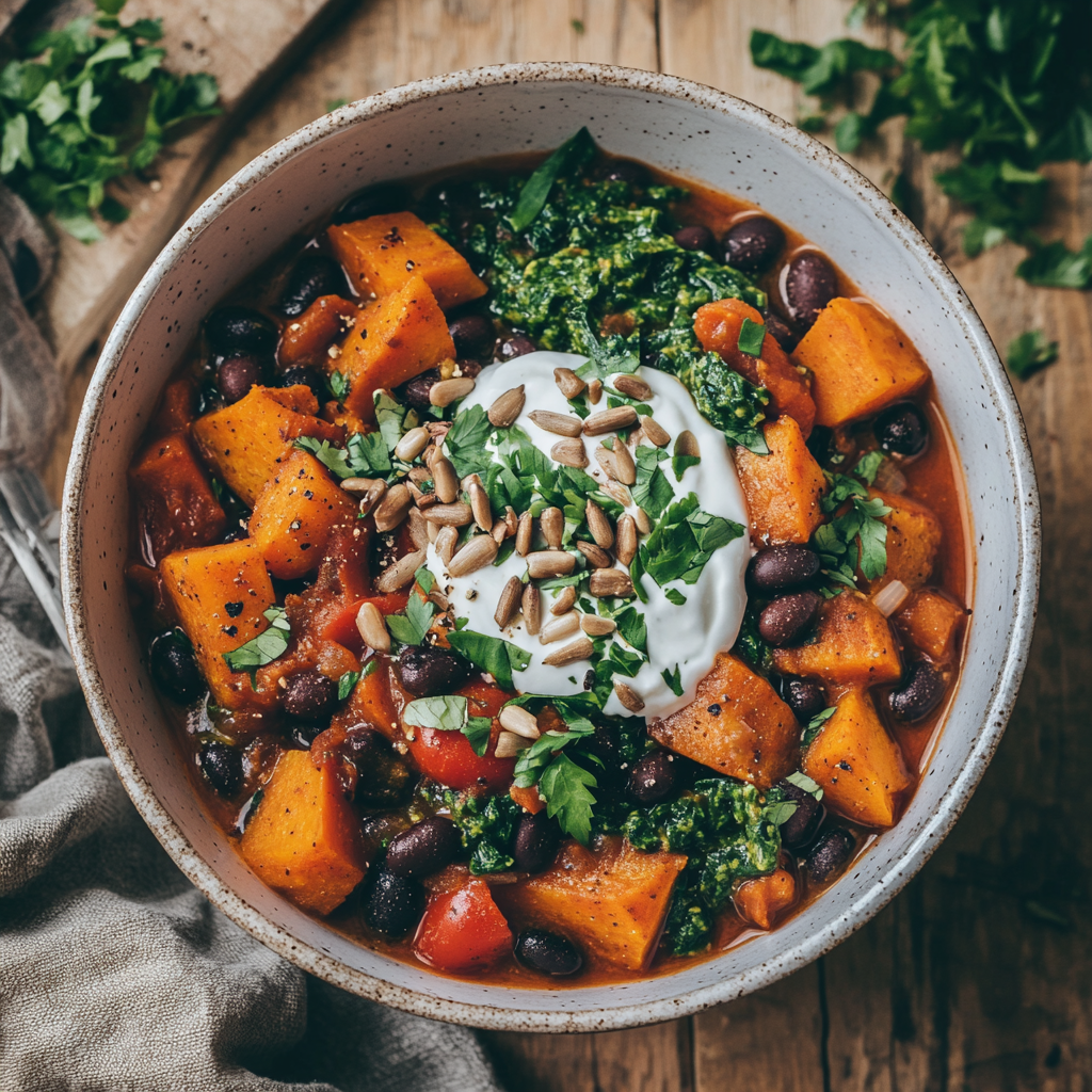 Süßkartoffel-Chili mit Bohnen und Spinatcreme in weißem Teller – overhead fotografiert, zentriert angerichtet