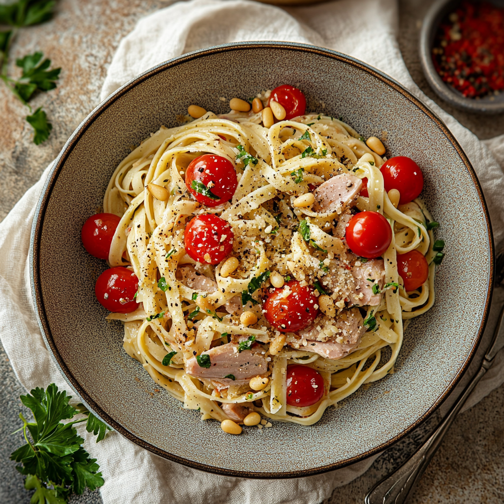 Thunfisch-Pasta mit Tomaten, Knoblauch Öl und Tasmanischem Bergpfeffer – serviert in Keramikschale auf gedecktem Tisch