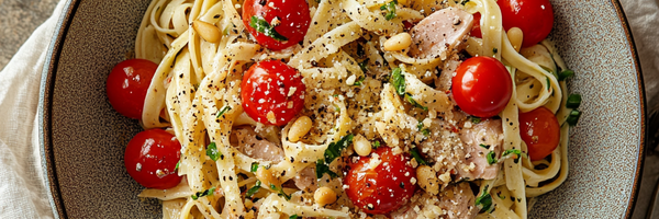 Thunfisch-Pasta mit Tomaten, Knoblauch Öl und Tasmanischem Bergpfeffer – serviert in Keramikschale auf gedecktem Tisch
