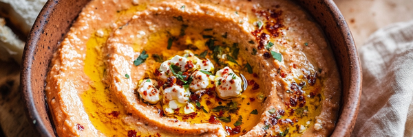 Tomaten-Feta-Dip mit Knoblauch Öl in Keramikschale, dazu Brot