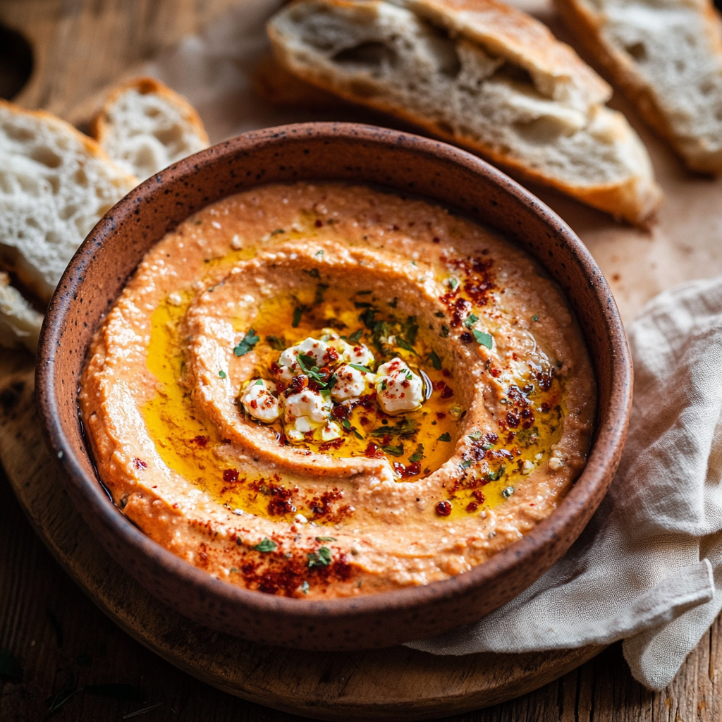Tomaten-Feta-Dip mit Knoblauch Öl in Keramikschale, dazu Brot