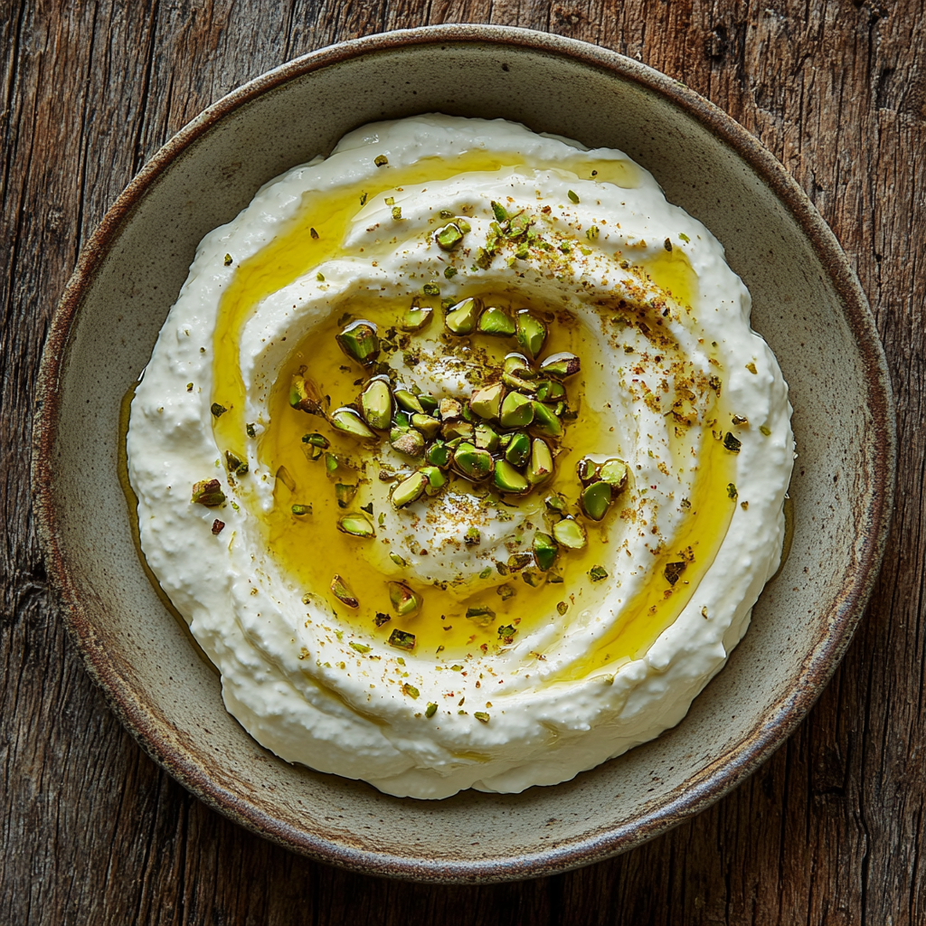 Cremiger Whipped Feta Dip mit feinem Honigglanz, zart bestreut mit Pistazien und Salzflocken – fotografiert von oben auf Keramikteller.