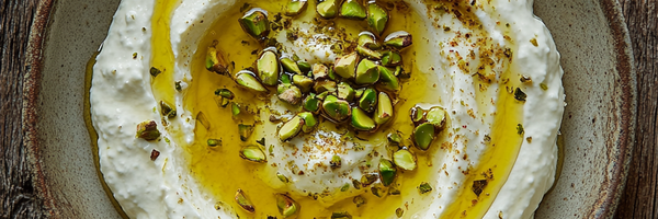 Cremiger Whipped Feta Dip mit feinem Honigglanz, zart bestreut mit Pistazien und Salzflocken – fotografiert von oben auf Keramikteller.