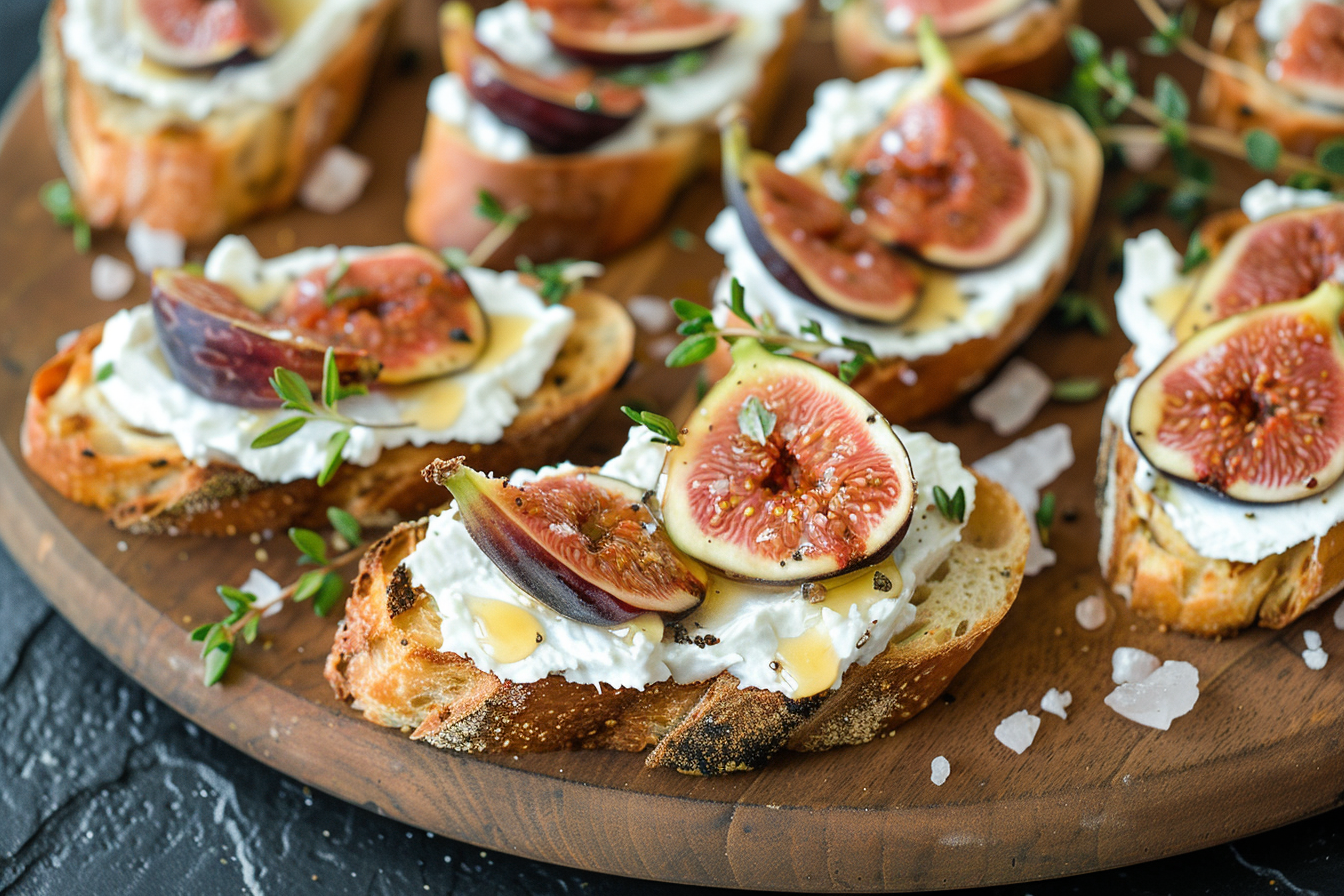 Bruschetta mit Ziegenkäse, Feigen und Honig auf dunklem Teller, zentriert angerichtet