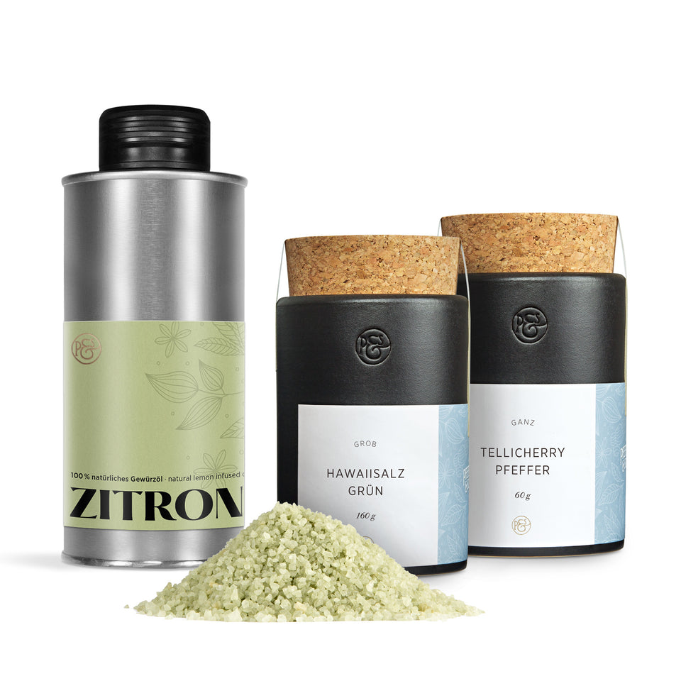 Genuss-Trio: Zitronen Öl, Tellicherry Pfeffer & Hawaii Salz grün