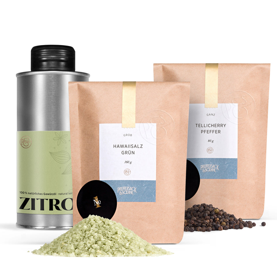 Genuss-Trio: Zitronen Öl, Tellicherry Pfeffer & Hawaii Salz grün