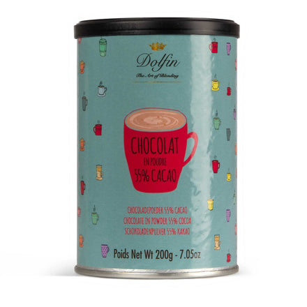 Dolfin Trinkschokolade mit 55 % Kakaoanteil – vollmundige, fruchtige belgische Trinkschokolade aus hochwertigen Zutaten, ideal für heiße Schokolade mit Rum oder Amaretto, exklusiv bei Pfeffersack & Soehne.