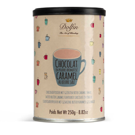Dolfin Trinkschokolade mit gesalzenem Butterkaramell – belgisches Kakaopulver mit 32 % Kakao, vegan, glutenfrei und laktosefrei, fein abgestimmte heiße Schokolade mit Karamellnote, exklusiv bei Pfeffersack & Soehne.