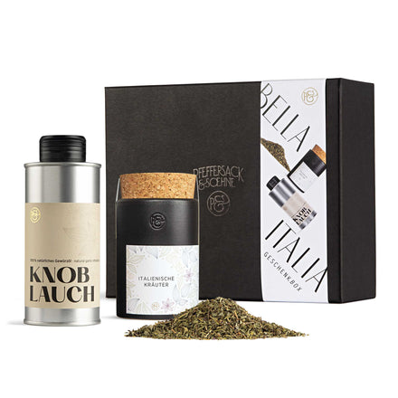 Geschenkbox Bella Italia mit Knoblauch Öl und italienischer Kräutermischung – edles mediterranes Gewürz Geschenkset von Pfeffersack & Soehne.