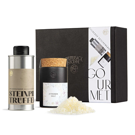 Geschenkbox Gourmet mit Steinpilz-Trüffel-Gewürzöl und Zitronensalz von Pfeffersack & Soehne – edel verpacktes Feinkost Geschenkset.