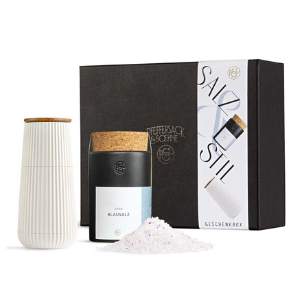 Geschenkbox Salz & Stil mit Blausalz und weißer Scape Salzmühle als edles Gourmet Geschenkset.