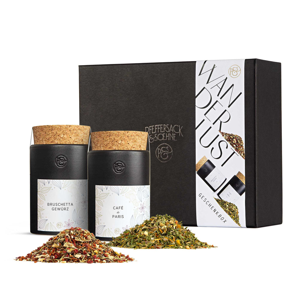 Geschenkbox Wanderlust – Gewürz Geschenkset mit Bruschetta & Café de Paris – Pfeffersack & Soehne