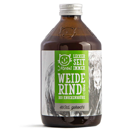 Bio Weiderind Brühe von J. Kinski – 48 Stunden langsam gekocht, ohne Salz angesetzt, reich an Mineralstoffen und Kollagen, handgemachte Premium Brühe in Bioqualität, exklusiv bei Pfeffersack & Soehne.