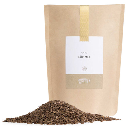 Kümmel ganz im Kraftbeutel von Pfeffersack & Soehne – aromatische Kümmelsamen mit kräftig-würzigem Geschmack für Brot, Sauerkraut und deftige Gerichte.