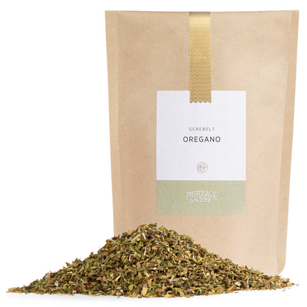 Geöffneter Kraftbeutel mit gerebeltem Oregano und losem Kraut – aromatisches Gewürz für mediterrane Rezepte